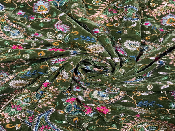 Velvet Embroidery Olive Green