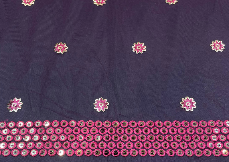 Purple & Pink Floral Embroidered Net Fabric