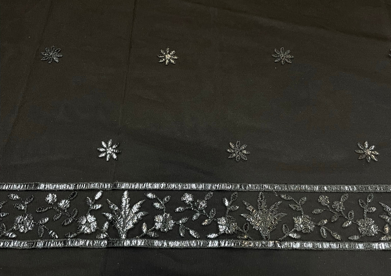 Black Objects Embroidered Net Fabric