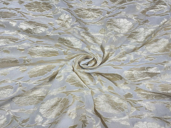 White & Golden Floral Dyeable Pure Chiffon Zari Fabric
