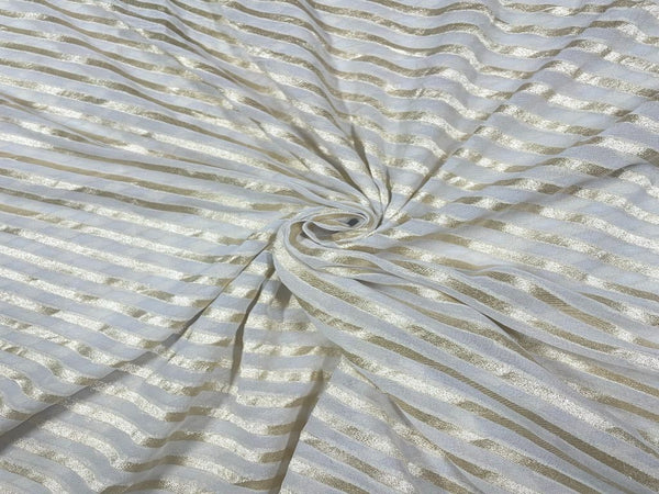 White & Golden Stripes Dyeable Pure Chiffon Zari Fabric