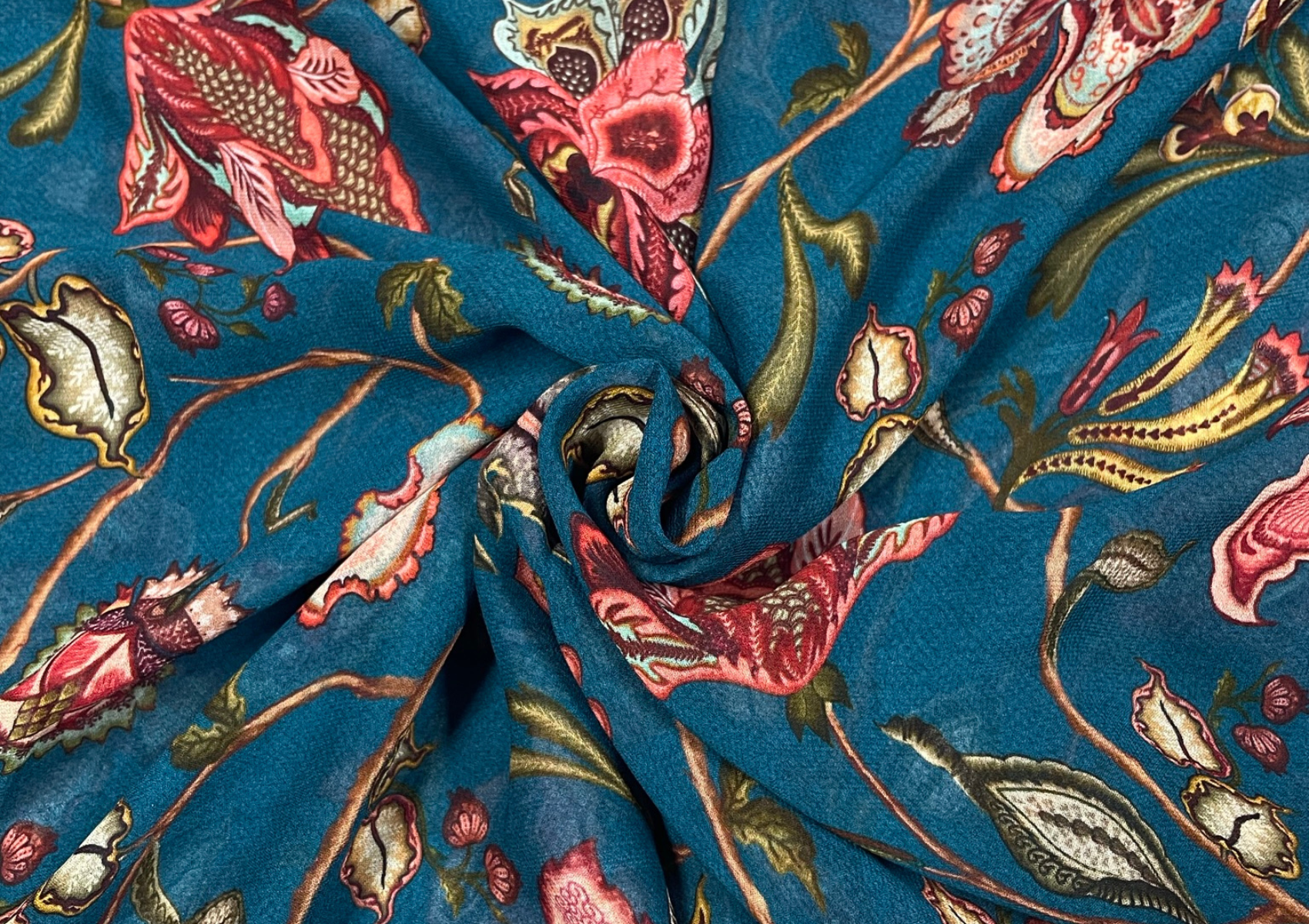 Peacock Blue Floral Georgette Fabric