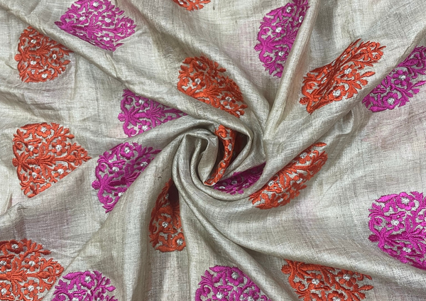 Beige Motifs Print Tussar Silk Fabric