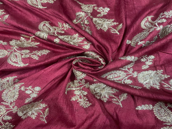 Maroon Floral Dyed Embroidered Pure Raw Silk Fabric