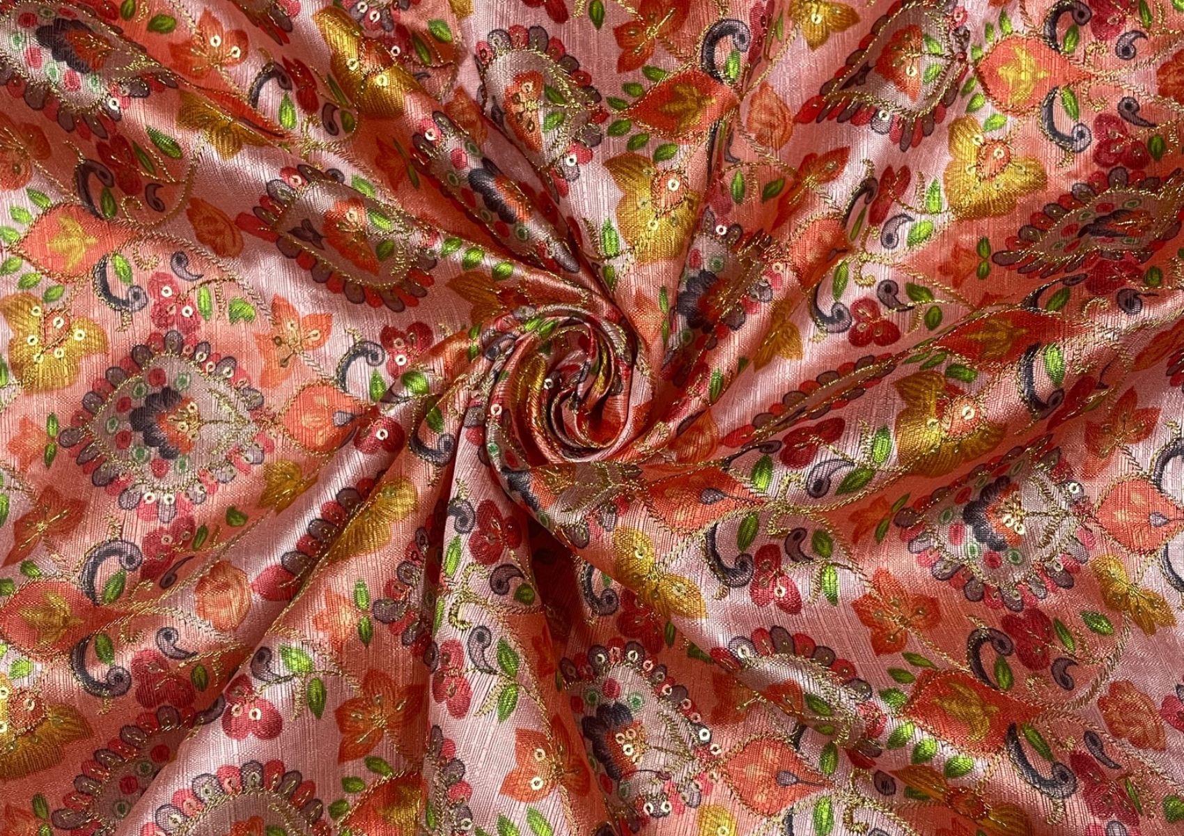 Multicolor Floral Printed Embroidered Mulberry Silk Fabric