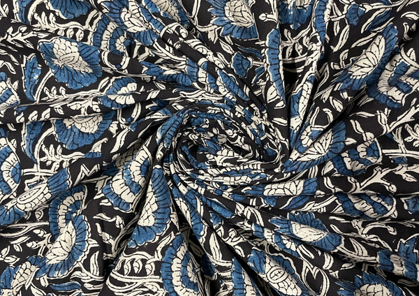 Black Floral Printed Kalamkari Cotton Cambric Fabric