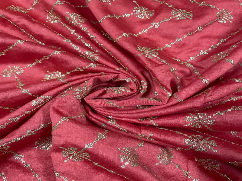 Pure Chanderi Embroidered Silk Dull Red Chevron