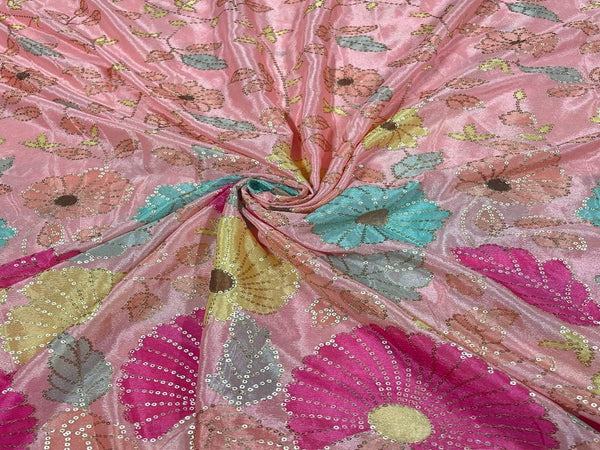 Pink Multicolour Printed Floral Embroidered Chiffon Fabric