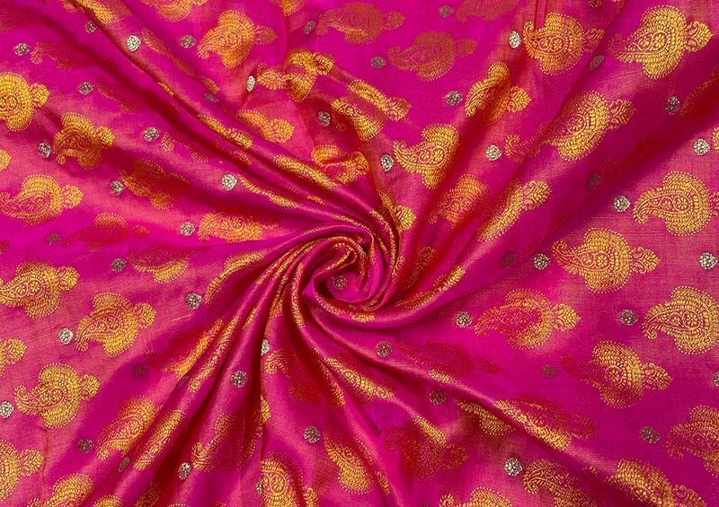 Pink & Golden Motifs Pure Tanschui Silk Fabric