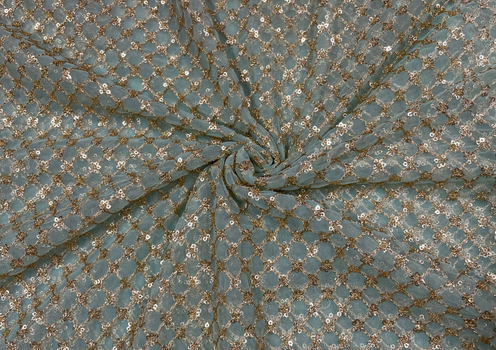 Green Geometric Embroidered Net Fabric
