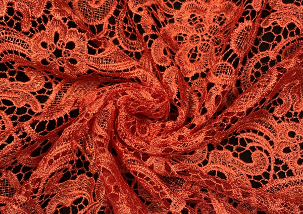 Orange Floral Embroidered Net Fabric