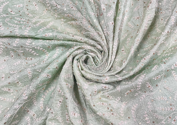 Pastel Green Floral Mysore Silk Embroidered Fabric