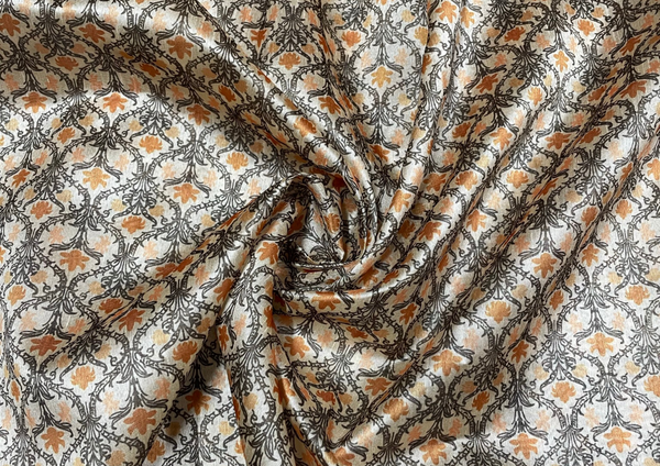 Beige & Yellow Floral Semi Tussar Silk Fabric