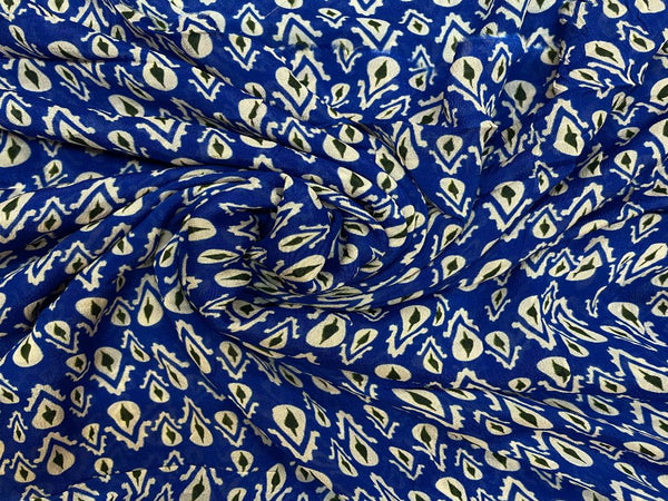 Blue White Abstract Printed Pure Chiffon Fabric