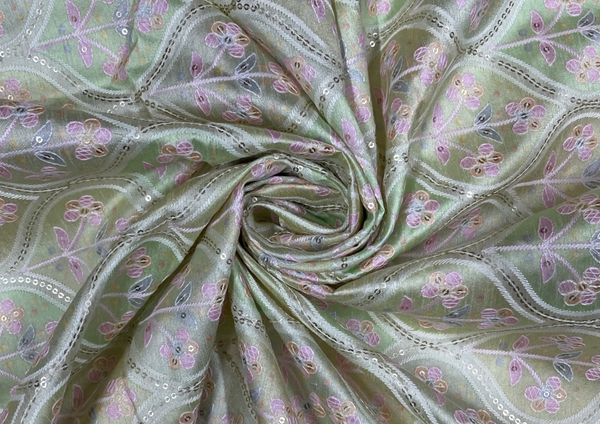 Multicolor Floral Embroidered Dupion Silk Fabric