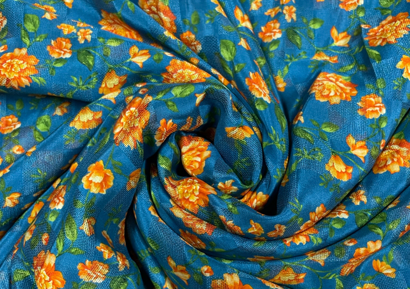 Pure Silk Checknet Turquoise Blue Orange Floral Print