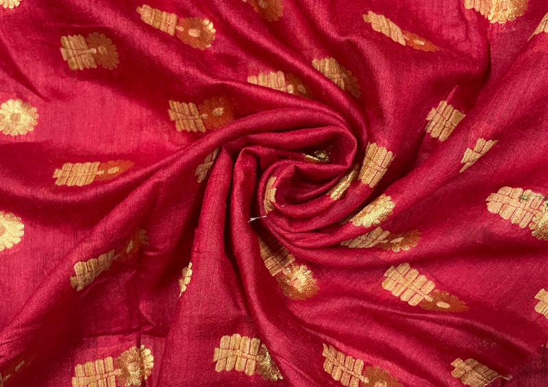 Pure Chanderi Silk Zari Red Golden Abstract Print