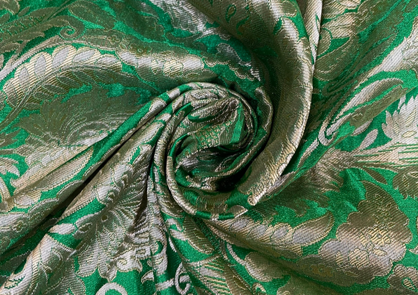 Green & Golden Floral Pure Brocade Silk Fabric