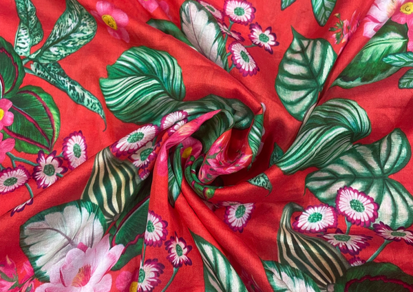 Printed Pure Chanderi Red Multicolor Flowers