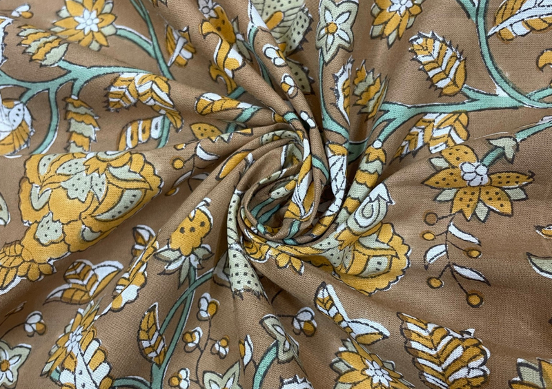 Cotton Cambric Light Brown Yellow Flowers Print