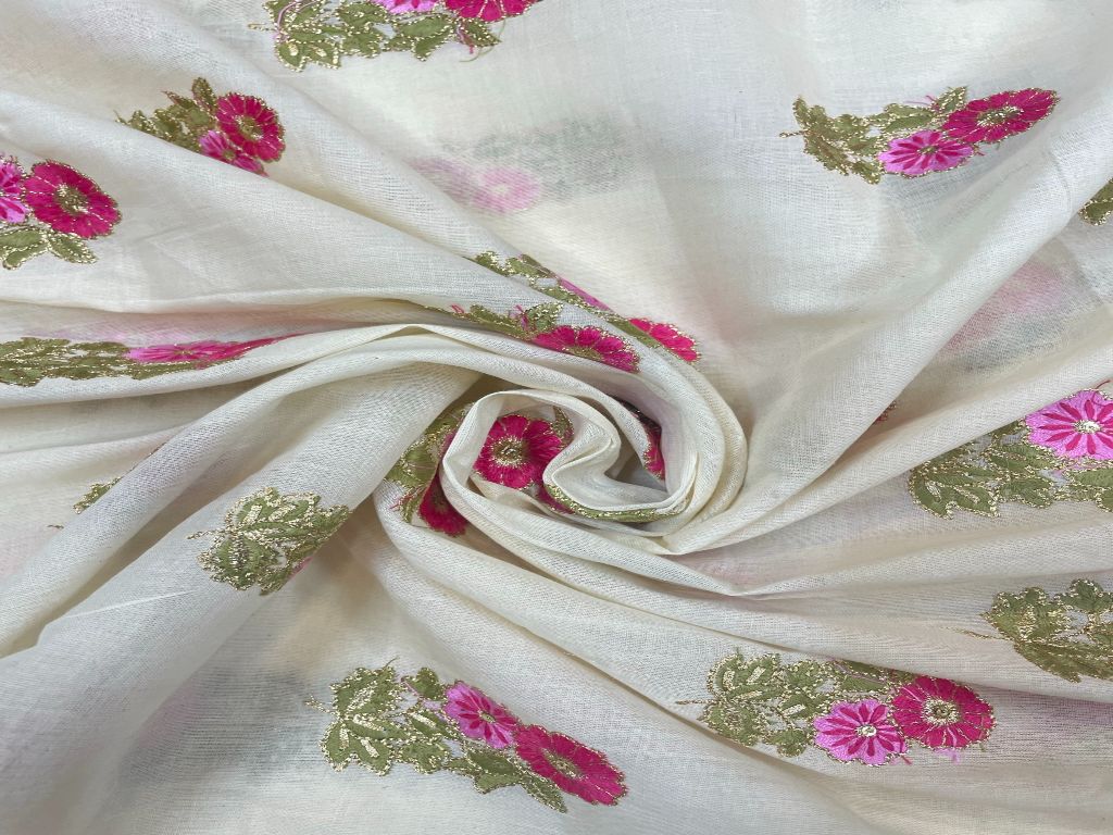 Off White Motifs Embroidered Cotton Fabric