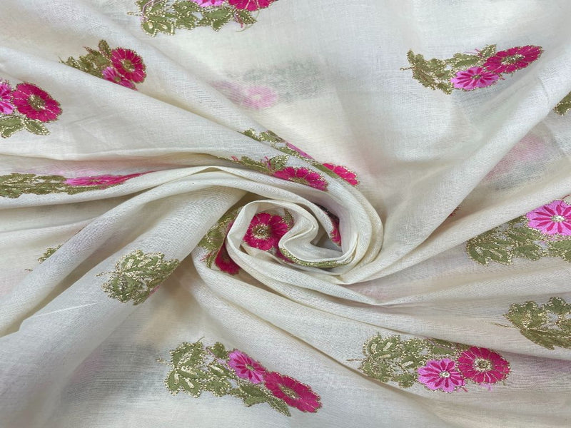 Embroidered Cotton Off White Pink Floral Motifs
