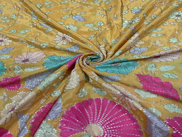 Yellow Multicolour Printed Floral Embroidered Chiffon Fabric