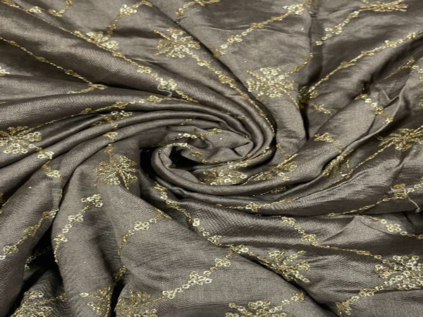 Grey Chevron Pure Chanderi Embroidered Silk Fabric