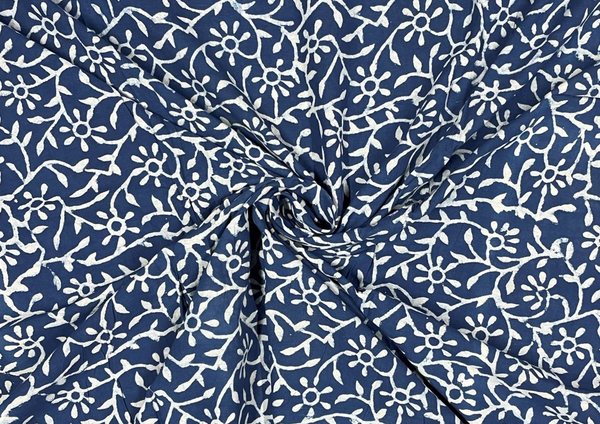 Indigo Floral Dabu Printed Cotton Cambric Fabric