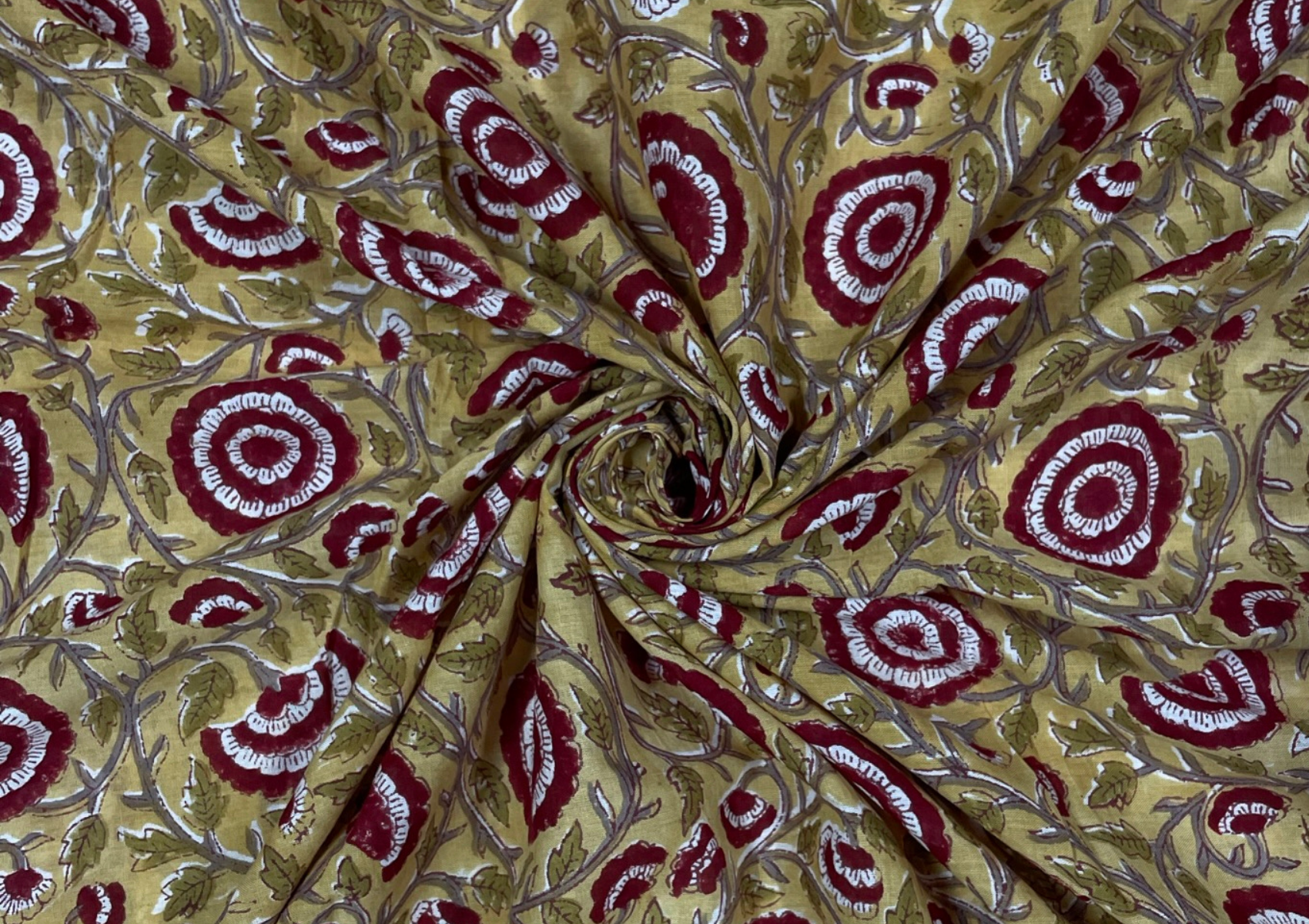 Yellow And Maroon Floral Printed Voil Cotton Fabric