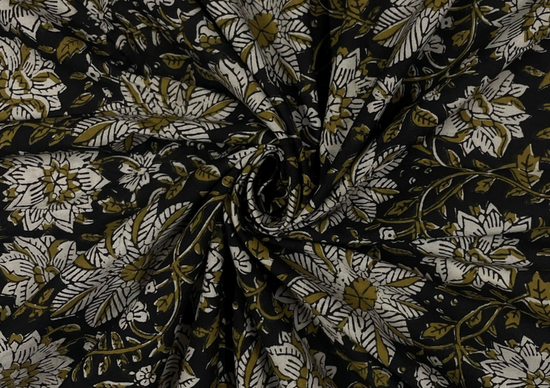 Dark Brown Floral Printed Kalamkari Cotton Cambric Fabric
