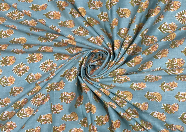 Light Blue Floral Printed Cotton Cambric Fabric