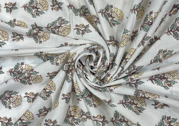 White Floral Printed Cotton Cambric Fabric