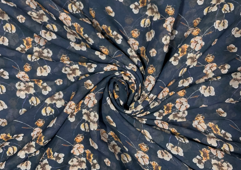 Dark Blue Floral Printed Georgette Fabric