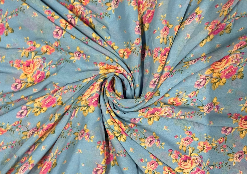 Sky Blue Floral Printed Georgette Fabric