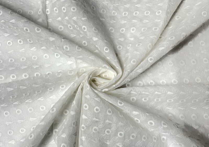White Geometric Embroidered Chikankari Cotton Fabric