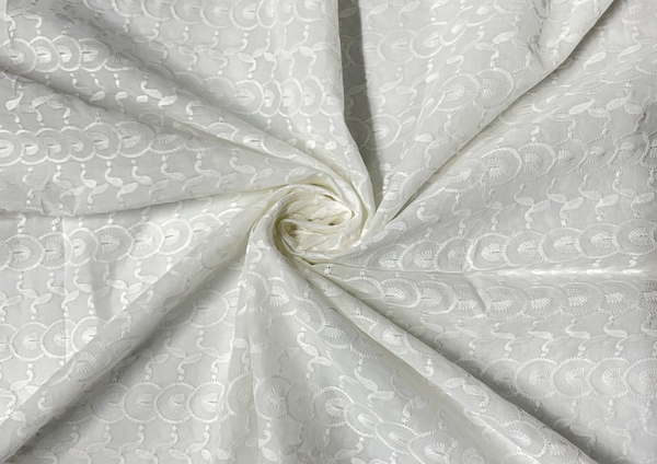 White Geometric Embroidered Chikankari Cotton Fabric