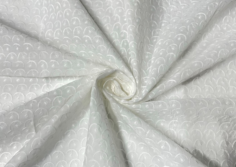 White Abstract Embroidered Chikankari Cotton Fabric