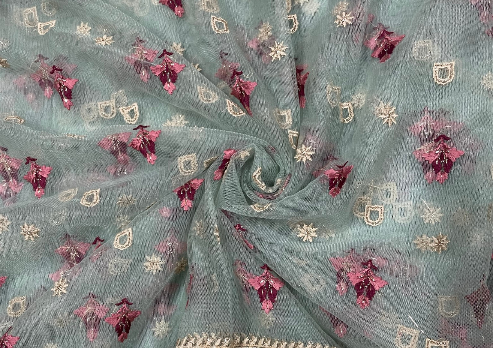 Light Green Floral Embroidered Net Fabric