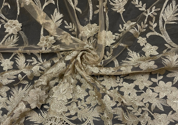 Golden Floral Embroidered Net Fabric