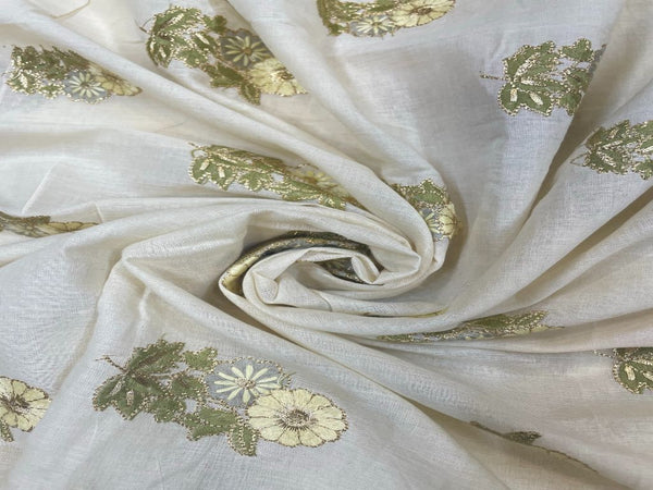 Off White Motifs Embroidered Cotton Fabric