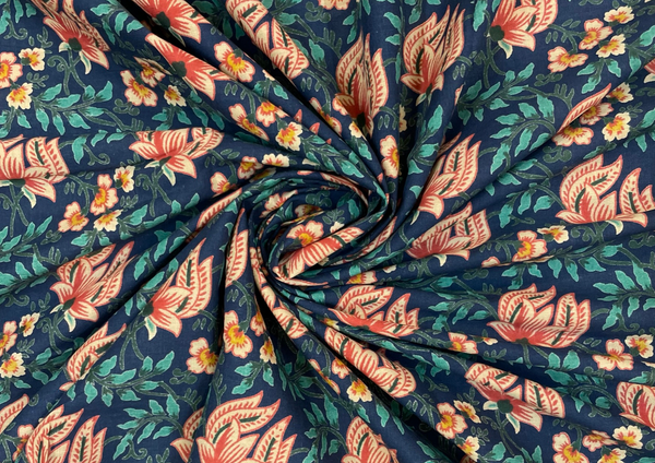 Blue And Orange Floral Printed Cotton Cambric Fabric