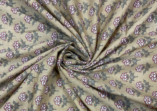 Beige Floral Printed Cotton Cambric Fabric