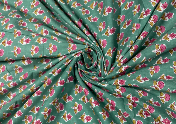 Green Floral Printed Cotton Cambric Fabric