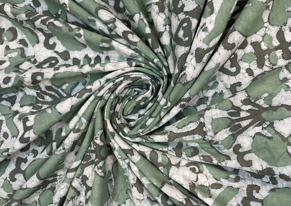 Green Abstract Printed Dabu Cotton Cambric Fabric