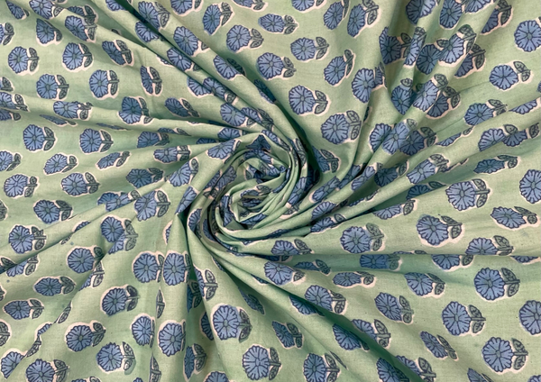 Green Floral Printed Cotton Cambric Fabric