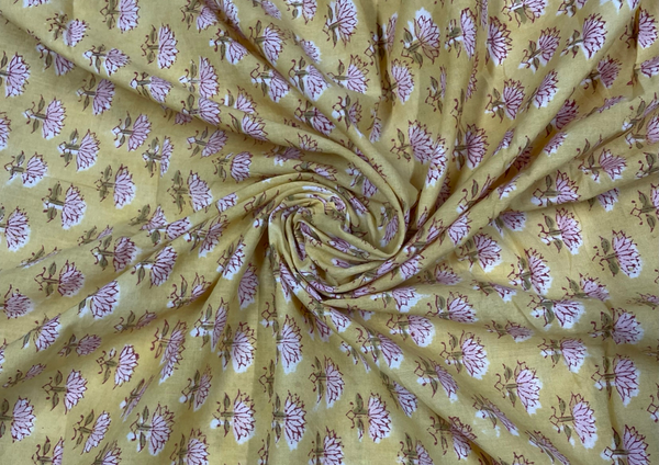 Light Yellow Floral Printed Cotton Cambric Fabric