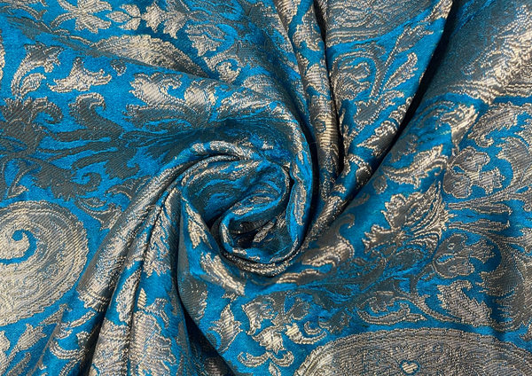 Blue & Golden Paisleys Pure Brocade Silk Fabric