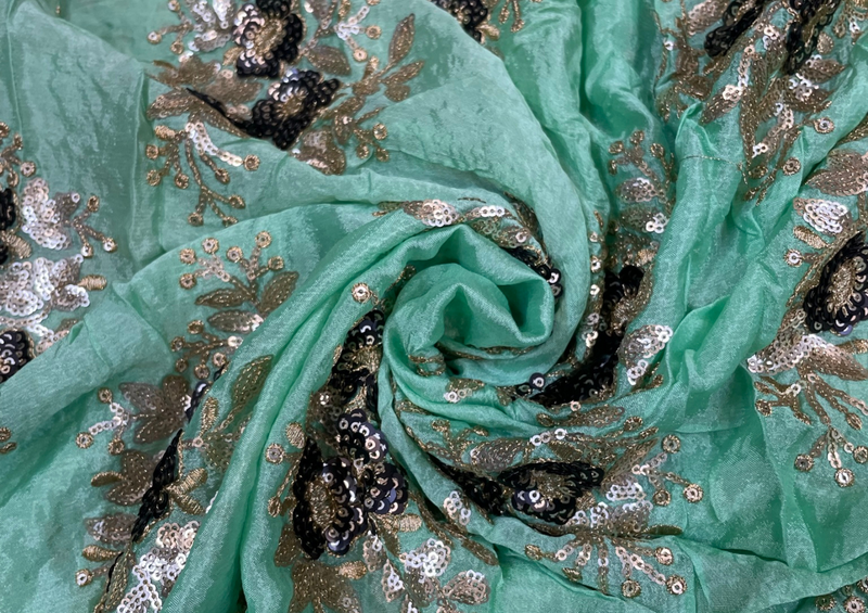 Embroidered Chiffon Green Blue Flowers