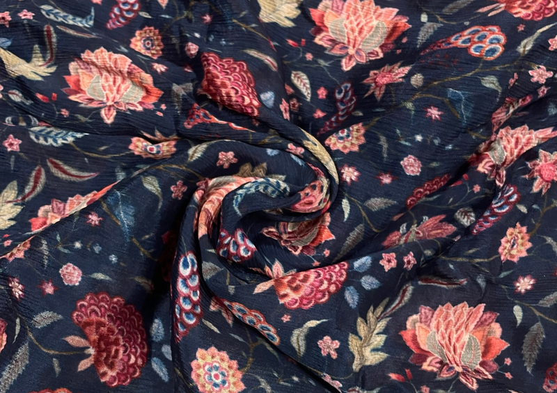 Dark Blue Floral Printed Chiffon Fabric